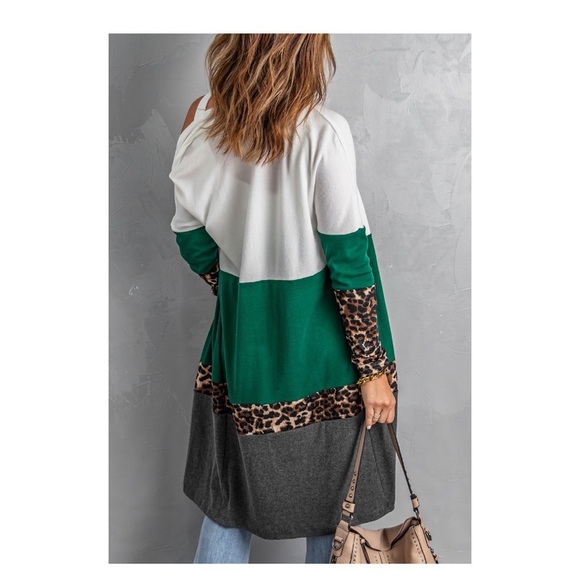 Leopard Color Block Open Front Longline Cardigan - Picture 3 of 3